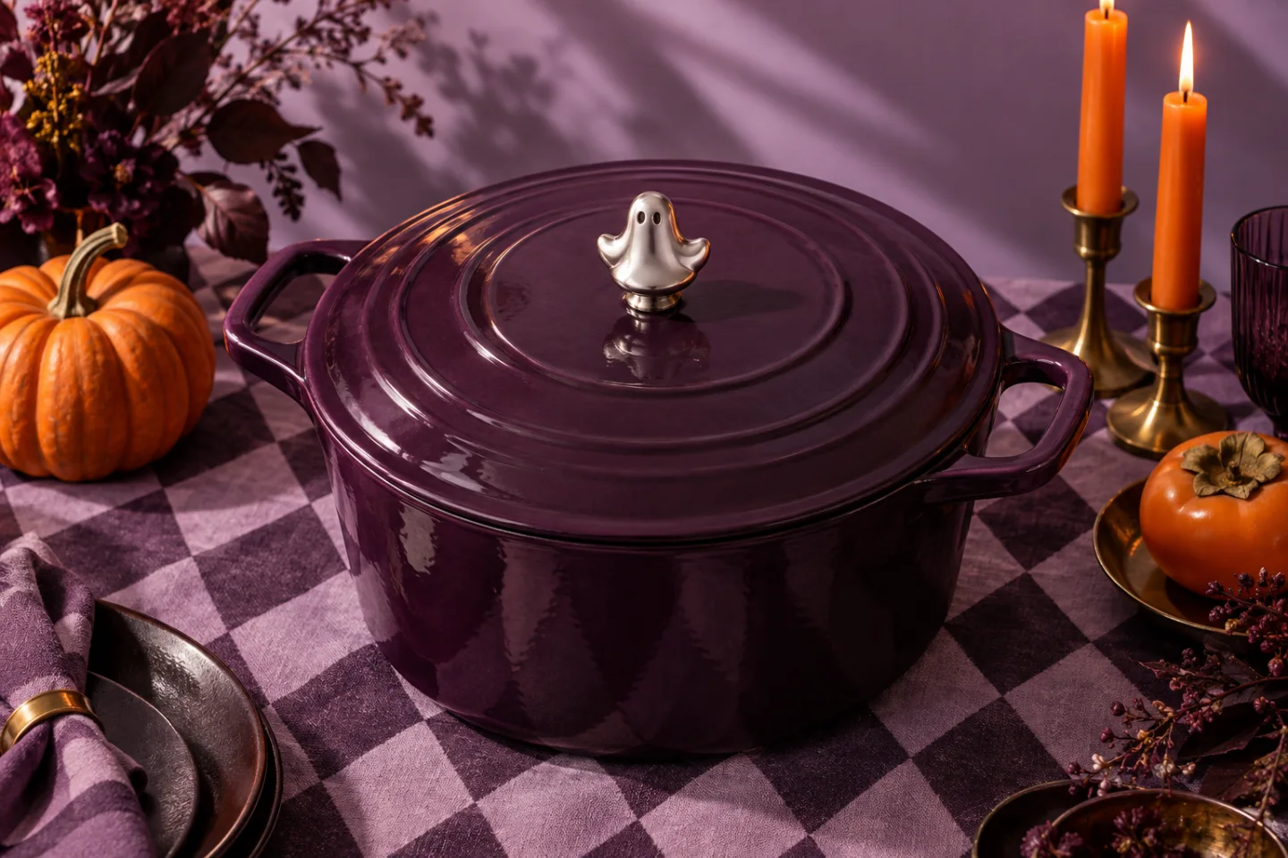 Concept scene: a plum pot with a silver ghost knob at a candlelit Halloween table