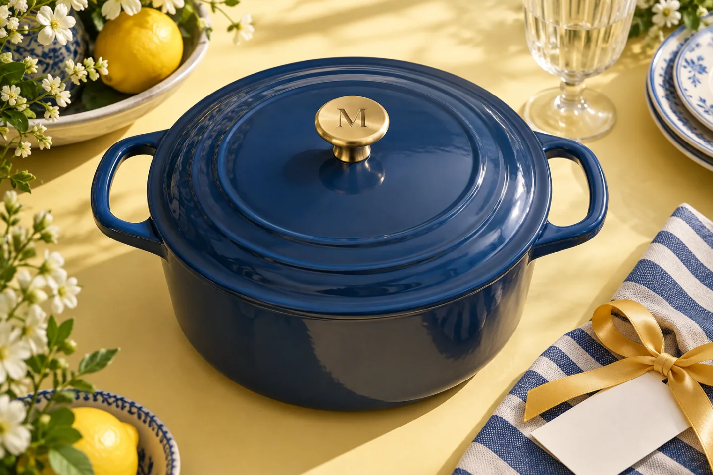 A navy pot with a brass Signet knob engraved with the letter M, on a yellow table