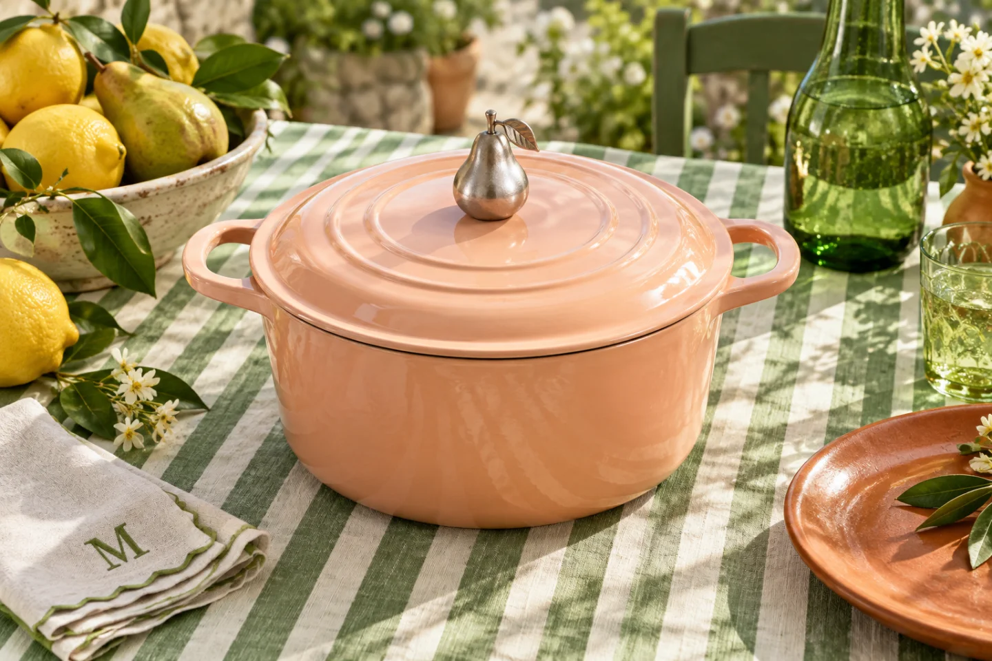 A peach pot with a silver pear knob on a green striped garden table