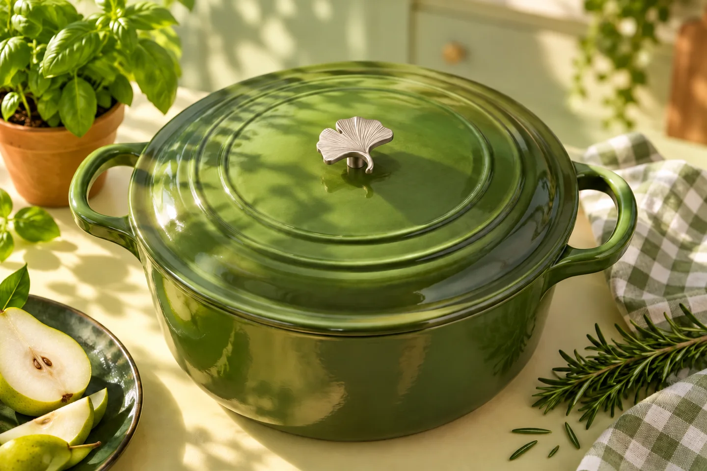 Concept scene: a green pot with a silver ginkgo knob beside herbs and a pear