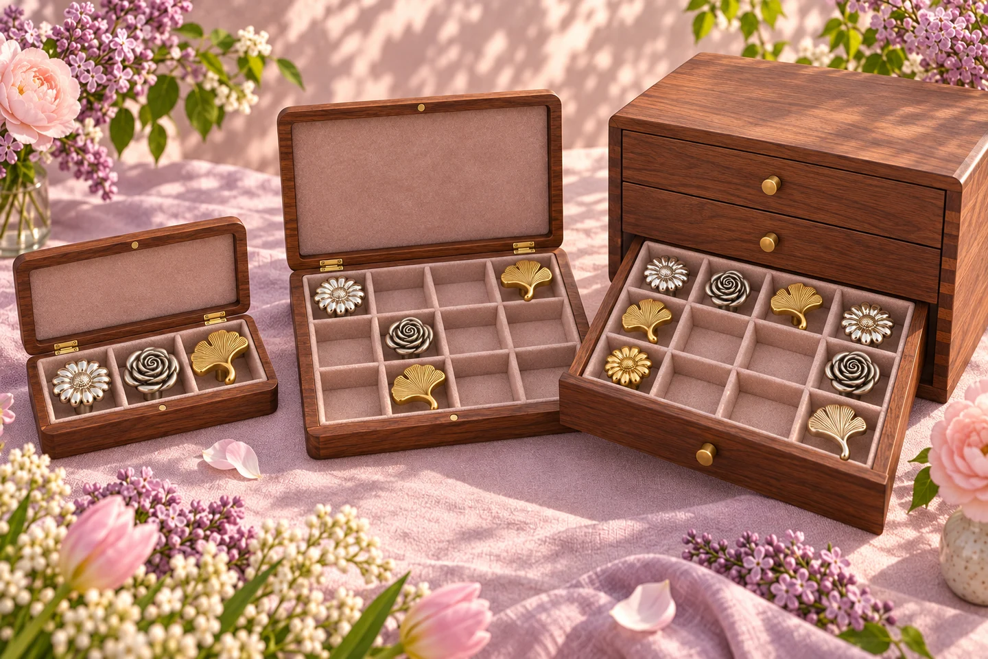 Three wooden storage case concepts with soft blush lining: a compact case, a larger case and a drawer chest