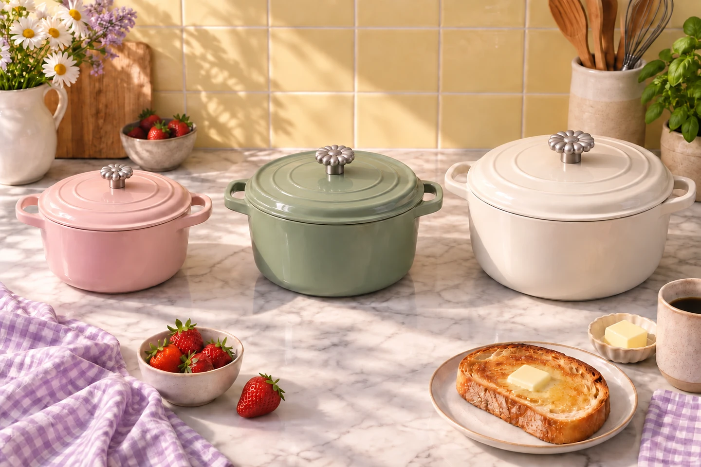 Daisy in Satin, illustrated from left to right: Small on a smaller pot, Medium on a medium pot, and Large on a larger pot