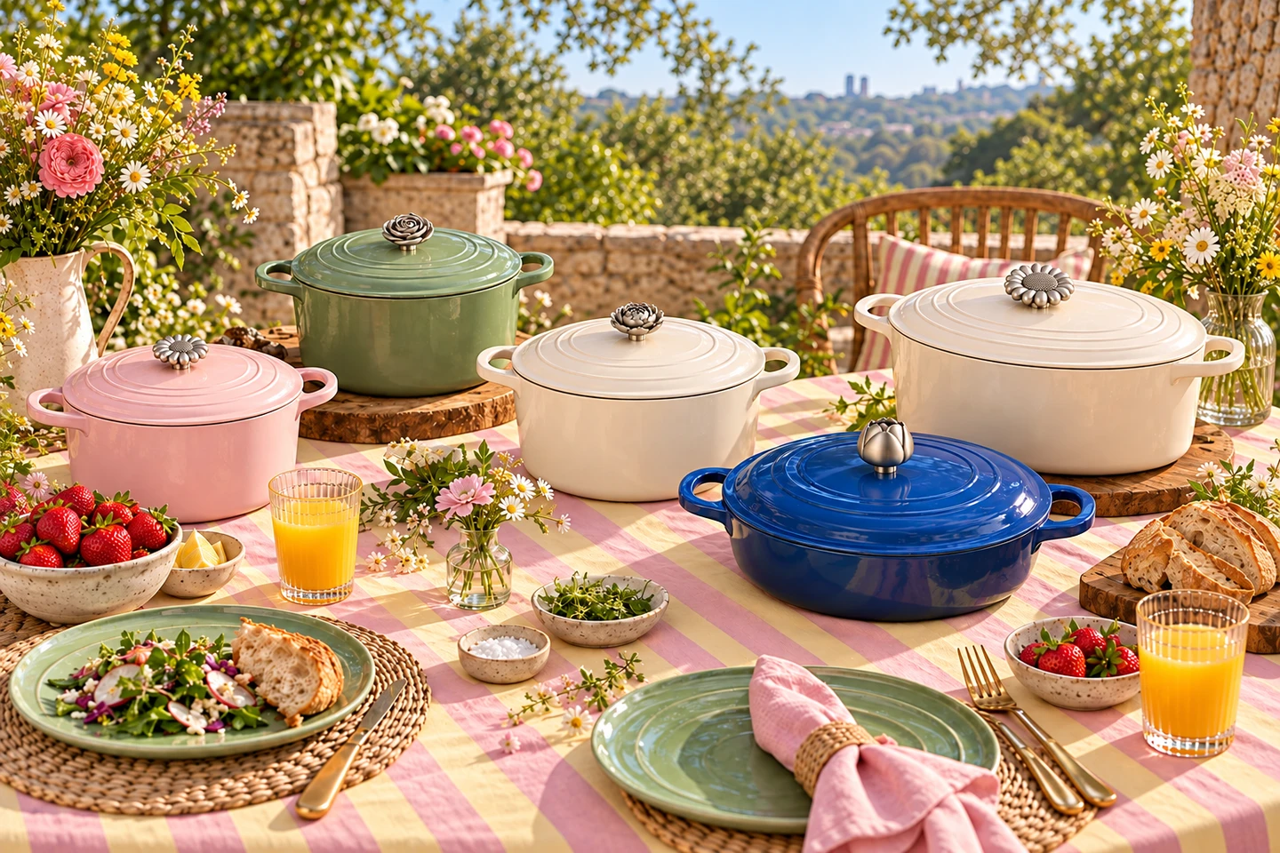 Five pots with Daisy, Rose, Peony, Tulip and Sunflower knobs at a garden table