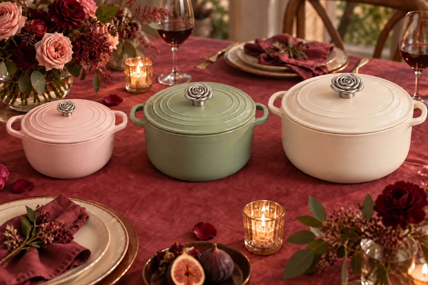 Rose in Satin, illustrated from left to right: Small on a smaller pot, Medium on a medium pot, and Large on a larger pot