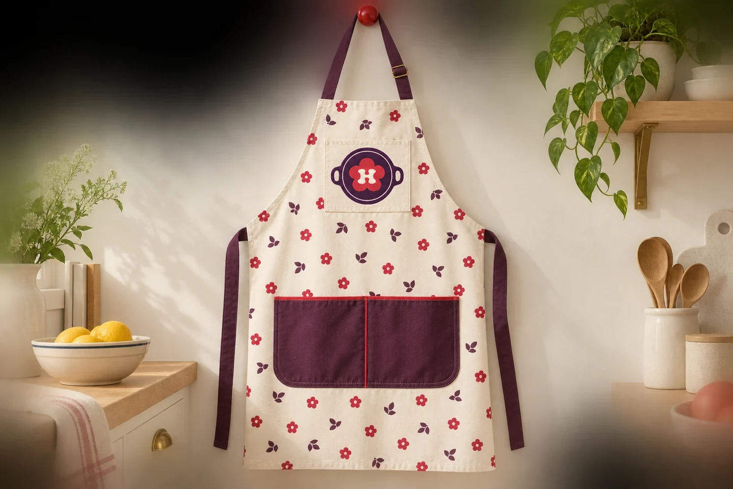 Cream apron with a red floral print, plum straps and a plum pocket