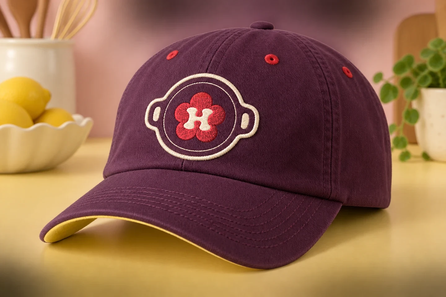 Plum cap with an embroidered round pan emblem, red flower and cream H