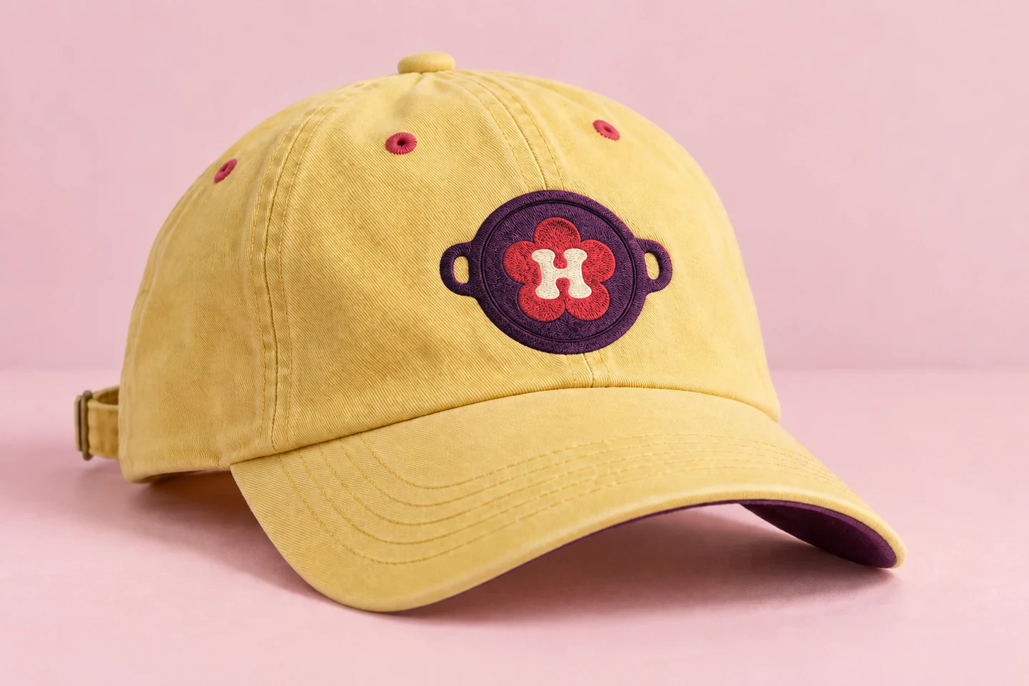 Butter-yellow cotton cap with red eyelets and an embroidered plum pan and red flower