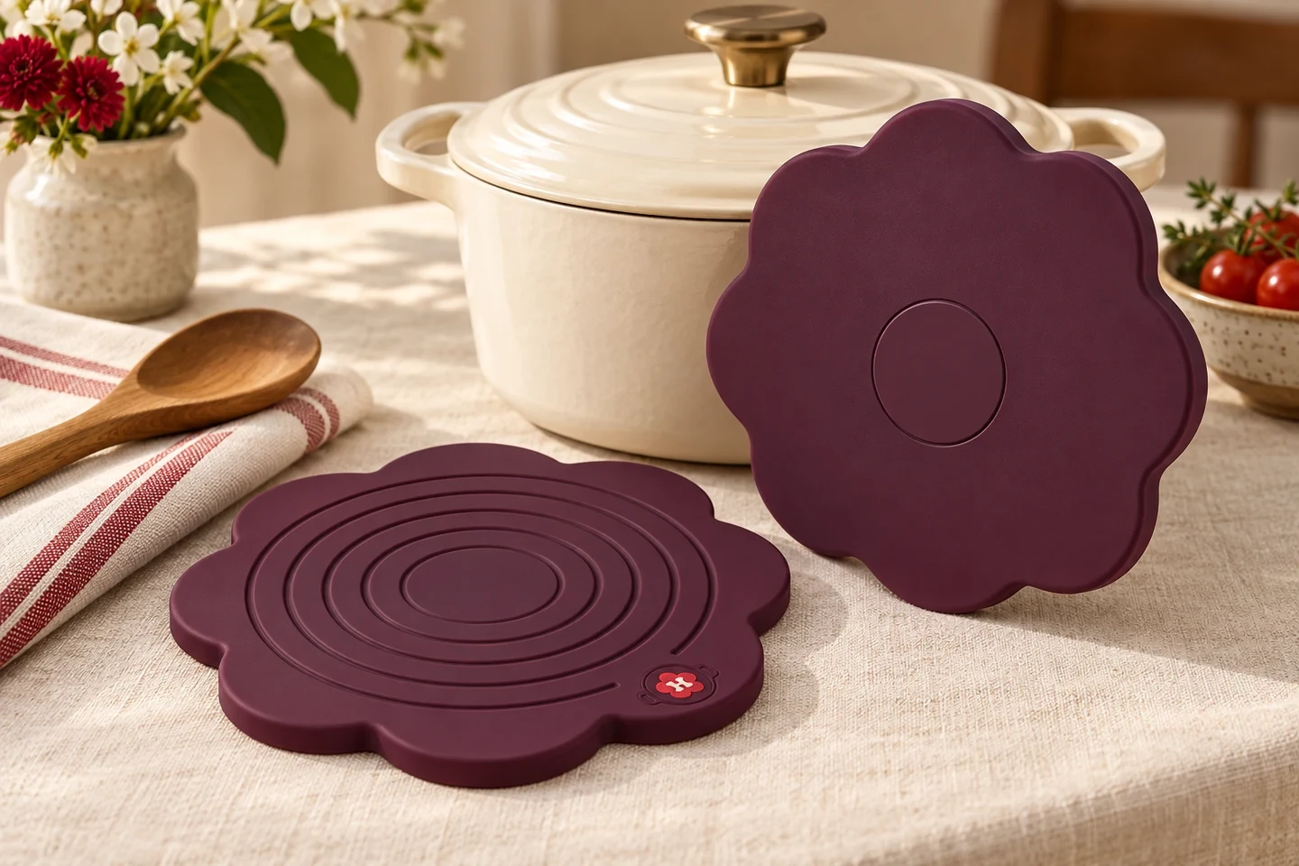 Plum scalloped silicone trivet with a small pan emblem