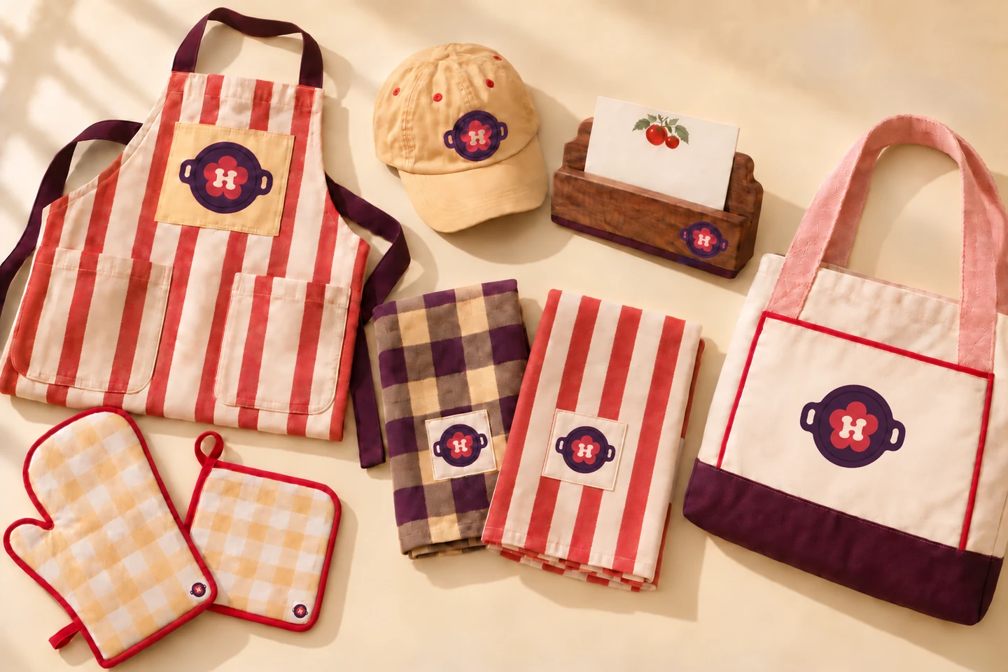 Hot to Handle apron, cap, recipe holder and kitchen linens in plum, cherry, blush and butter yellow