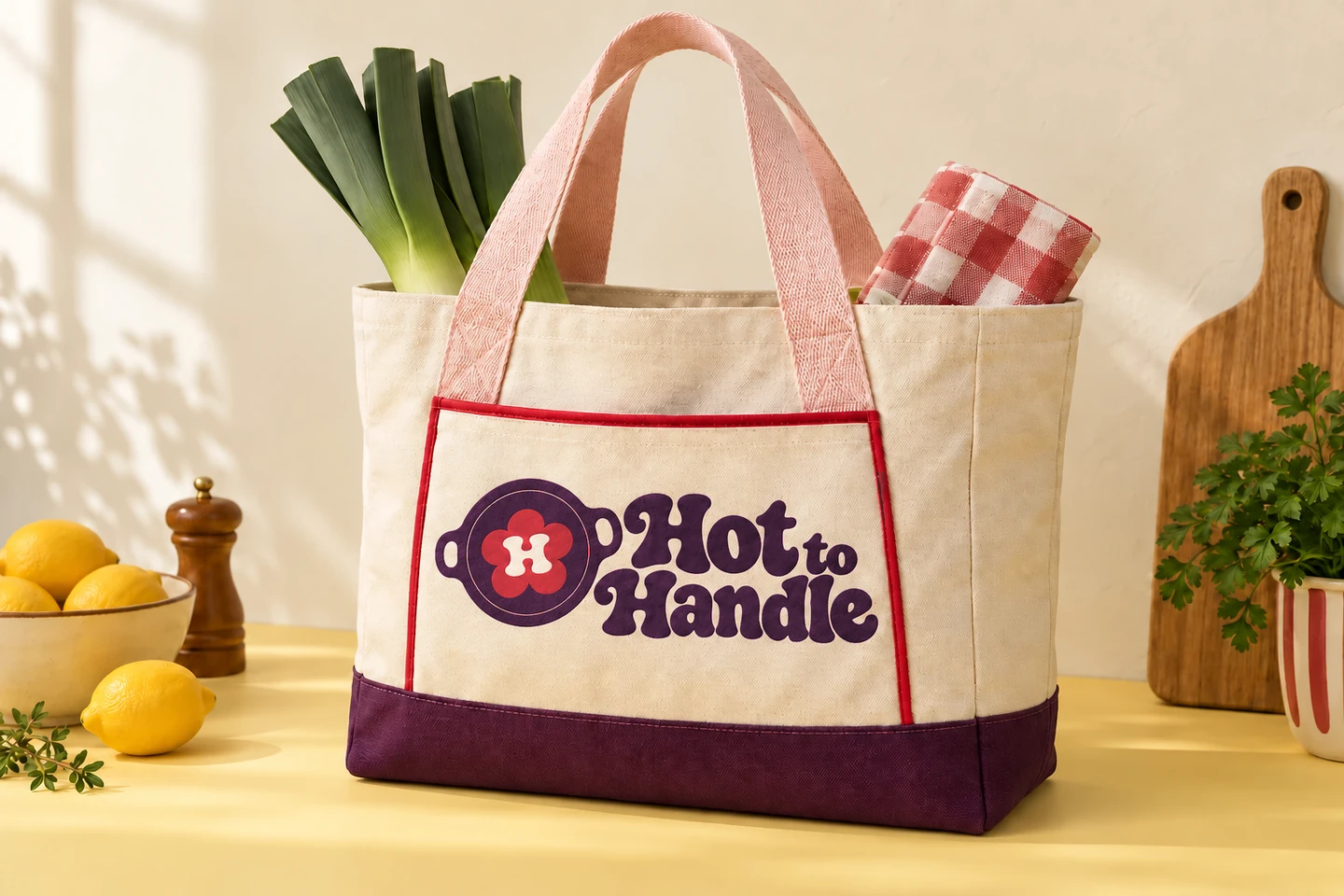 Natural canvas tote with blush handles, a plum base and the Hot to Handle logo